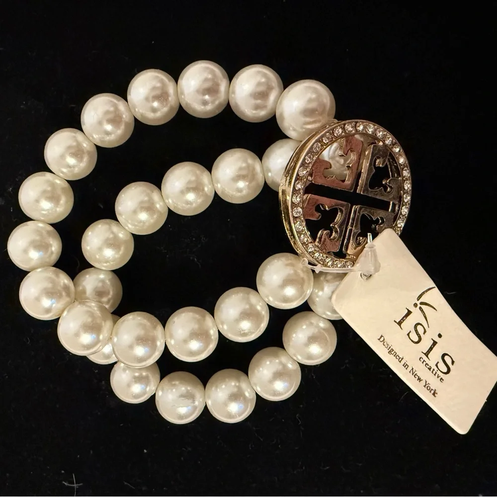 NEW ISIS CREATIVE BRACELET WHITE FAUX PEARL DOUBLE STRAND GOLD T RHINESTONE